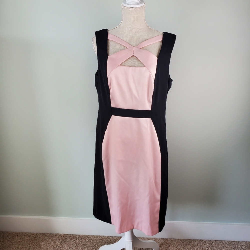 DRESS BARN WOMEN'S COLOR BLOCK SLEEVELESS DRESS SIZE 14 PINK AND BLACK